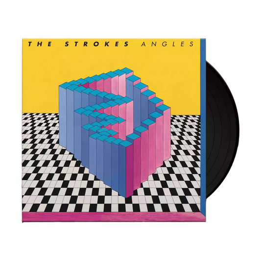 A black vinyl poking out of the case with a cover art featuring a geometric design with pink and blue blocks on a checkered background, with the album title 'Angles' and the artist name 'The Strokes'.