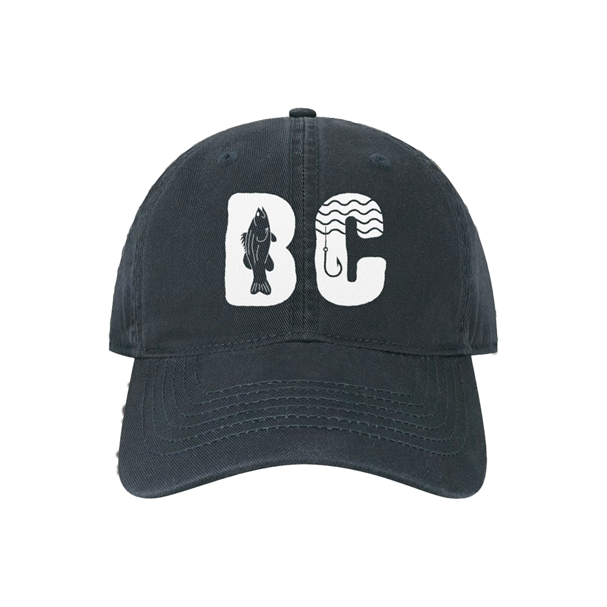 Cap with white 'BC' logo that has a Fish side profile on the B and water and hook on the C.