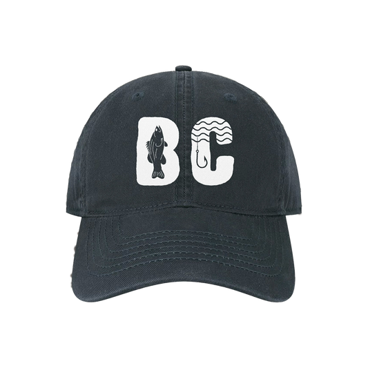 Cap with white 'BC' logo that has a Fish side profile on the B and water and hook on the C.