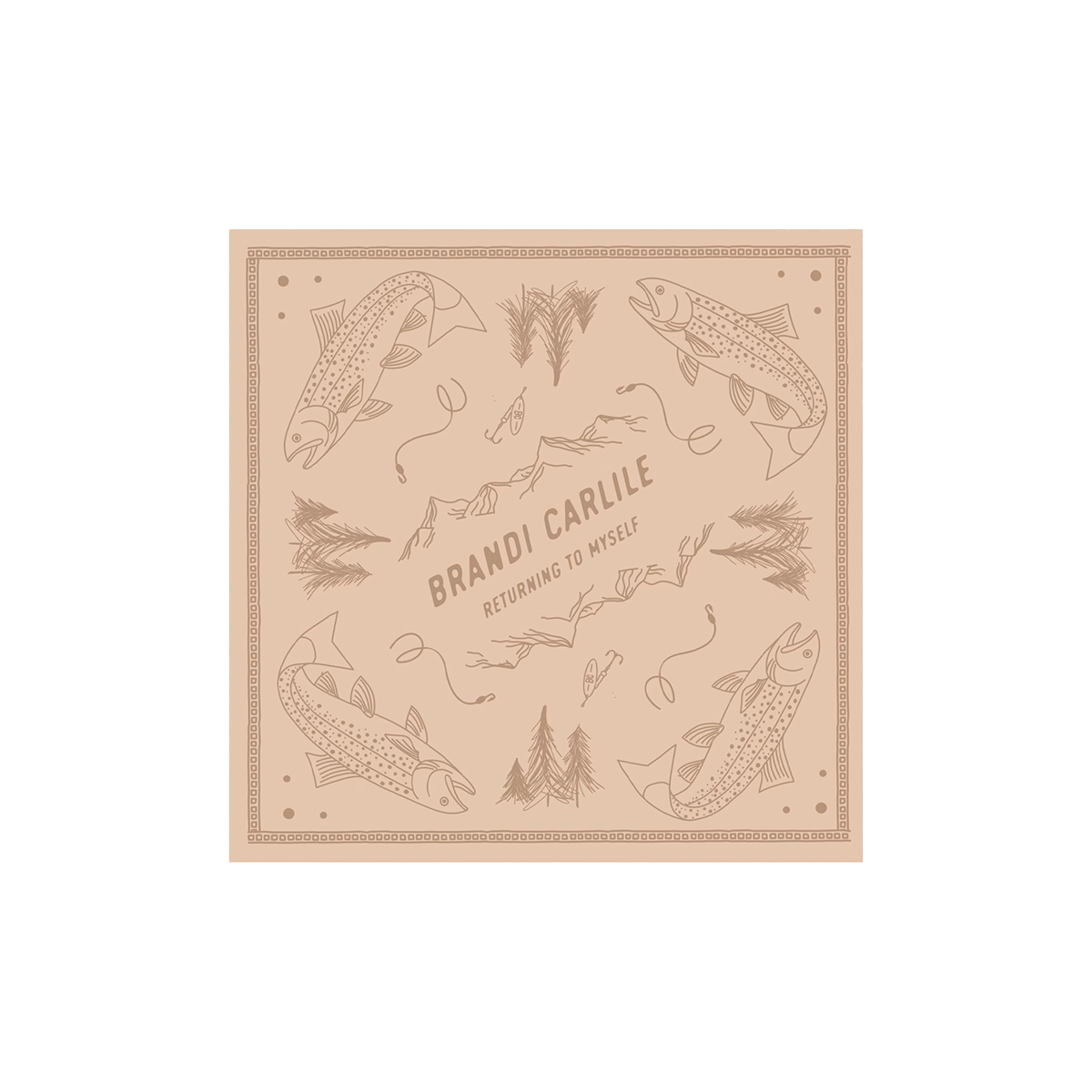 Beige bandana with fish and nature-themed designs and 'Brandi Carlile Returning to myself' text on a beige background