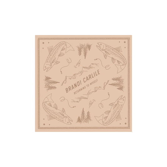 Beige bandana with fish and nature-themed designs and 'Brandi Carlile Returning to myself' text on a beige background