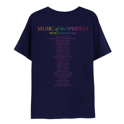 Back: MUSIC of the SPHERES WORLD TOUR 2022, written in a gradient of orange, yellow, green, blue, pink and shades that flow smoothly into one another; 2022 dates, cities and stadiums are in purple.  