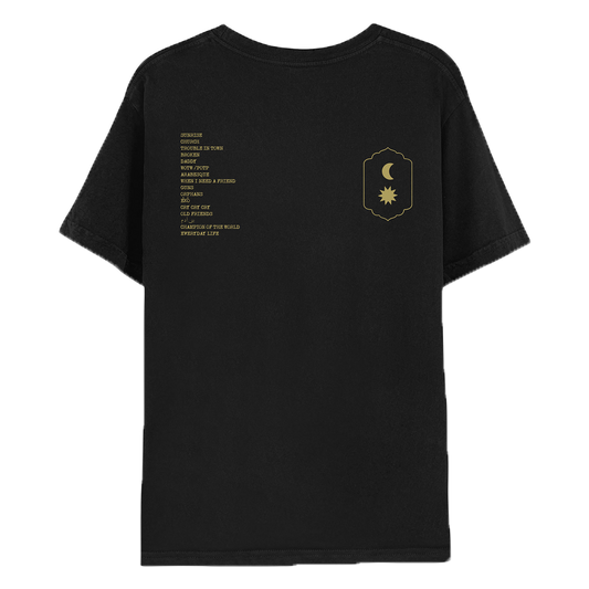 2: Back: With the album track list on the left, the moon and the sun on the right. Both text and symbols are golden. Songs are Sunrise, Church, Trouble in Town, BrokEn, Daddy, WOTW/POTP, Arabesque, When I Need a Friend, Guns, Orphans, Èkó, Cry Cry Cry, Old Friends, Bani Adam, Champion of the World, and Everyday Life