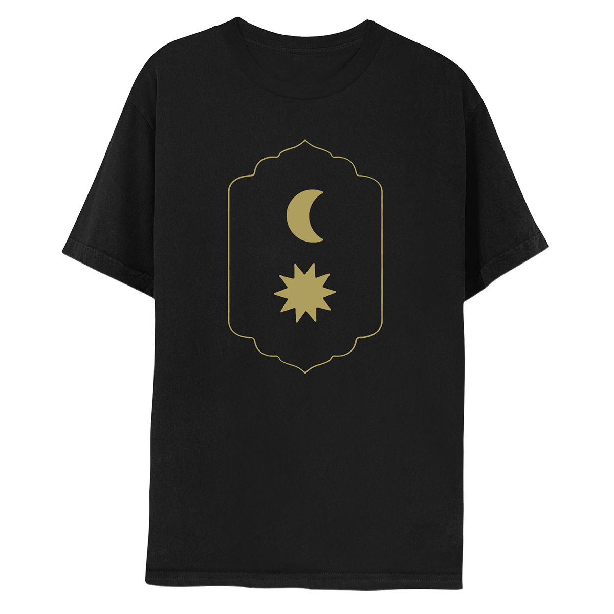 1: Front: Shows a golden crescent moon on top, above a gold star with sharp, elongated points radiating outwards like a sun. The celestial bodies are in a rounded rectangle, with a pointy top and bottom, sides slightly curved inward. This border is a flowing shape, with slight peaks, like a medieval shield decor. The shirt is black