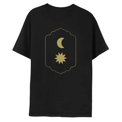 1: Front: Shows a golden crescent moon on top, above a gold star with sharp, elongated points radiating outwards like a sun. The celestial bodies are in a rounded rectangle, with a pointy top and bottom, sides slightly curved inward. This border is a flowing shape, with slight peaks, like a medieval shield decor. The shirt is black