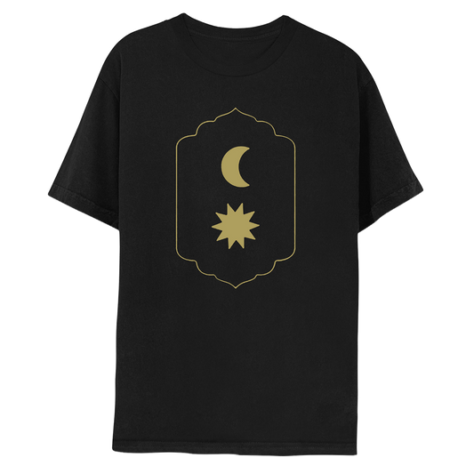 1: Front: Shows a golden crescent moon on top, above a gold star with sharp, elongated points radiating outwards like a sun. The celestial bodies are in a rounded rectangle, with a pointy top and bottom, sides slightly curved inward. This border is a flowing shape, with slight peaks, like a medieval shield decor. The shirt is black