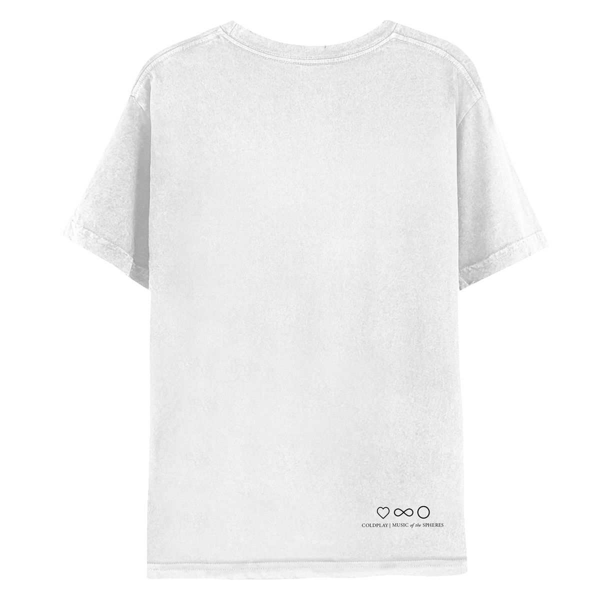 My Universe white tee, back: COLDPLAY, MUSIC OF THE SPHERES written in black, with black symbols: a heart, an infinity sign and a circle near the bottom right corner.