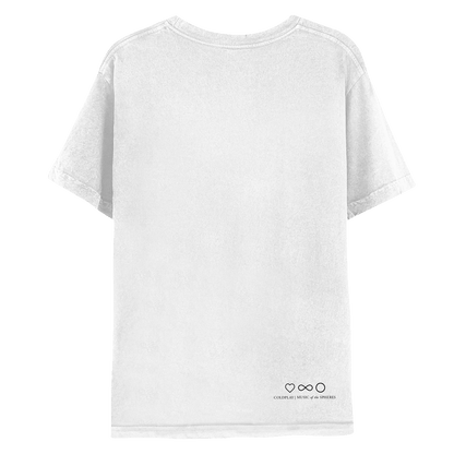 My Universe white tee, back: COLDPLAY, MUSIC OF THE SPHERES written in black, with black symbols: a heart, an infinity sign and a circle near the bottom right corner.