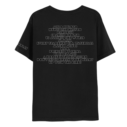 2: Back: In white font is the album’s track list: MYLO XYLOTO, HURTS LIKE HEAVEN, PARADISE, CHARLIE BROWN, US AGAINST THE WORLD, M.M.I.X, EVERY TEARDROP IS A WATERFALL, MAJOR MINUS, U.F.O, PRINCESS OF CHINA, UP IN FLAMES, A HOPEFUL TRANSMISSION, DON’T LET IT BREAK YOUR HEART, UP WITH THE BIRDS. COLDPLAY written on left sleeve, in white