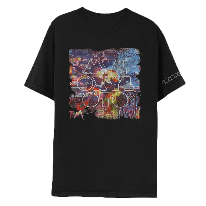 1: Front: a graffiti wall of dark green, neon yellow, red, blue, purple&beige patches on a black tee. A cloud-like collection of white, yellow, orange, bright pink&magenta looks like a heart had once been there. On a light blue splotch is the outline of a butterfly in dark blue. We see a light pink&dark blue section, with white behind it, Rainbow-colored blobs, but duller. White stripes. A dark red???like a teardrop. A letter M, like a??in light blue, yellow&pink. MYLO XYLOTO in silver-outline spray letters