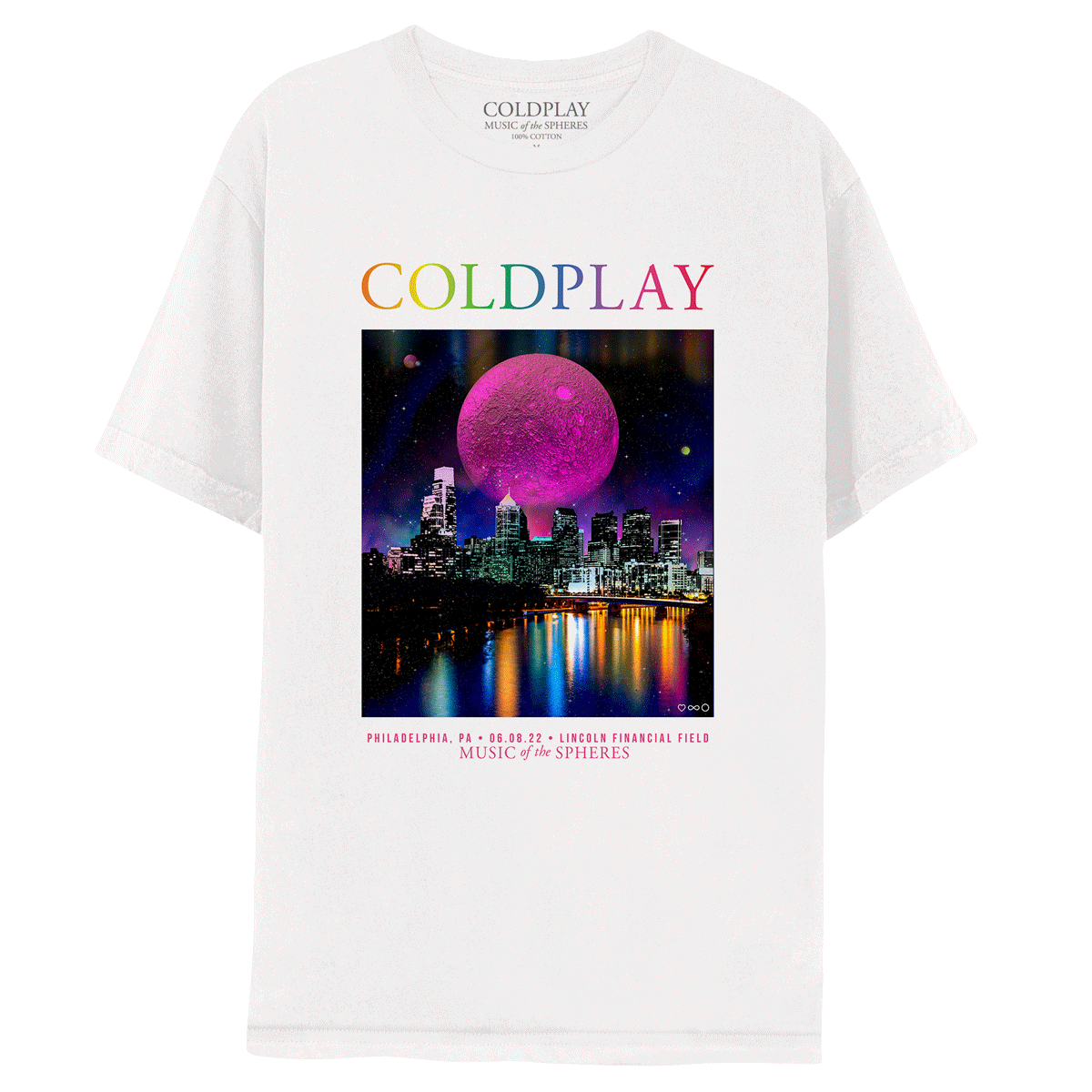 1: Front: a largePinkNeonMoon glowsInANightSky, with a yellowNeonMoon,&aPink&orangePlanet, aboveCityLandmarks: 1LibertyPlace,&itsShorterSibling, 2LibertyPlace: 2TallSkyscrapersWith a glassDome, roundAtrium flankedByColumns,&facadesOfGlass&granite, inGray, silver&metallicBlue. ComcastCenterWith a glassCurtainWall, winter garden, plaza&a??BNYMellonCenter,&FMCTower viewingIntoThe Schuylkill River, whichReflectsThe GlowingBuildingLights. COLDPLAYWritten in neonColorsOfThe??MUSIC OF THE SPHERES, date&venue