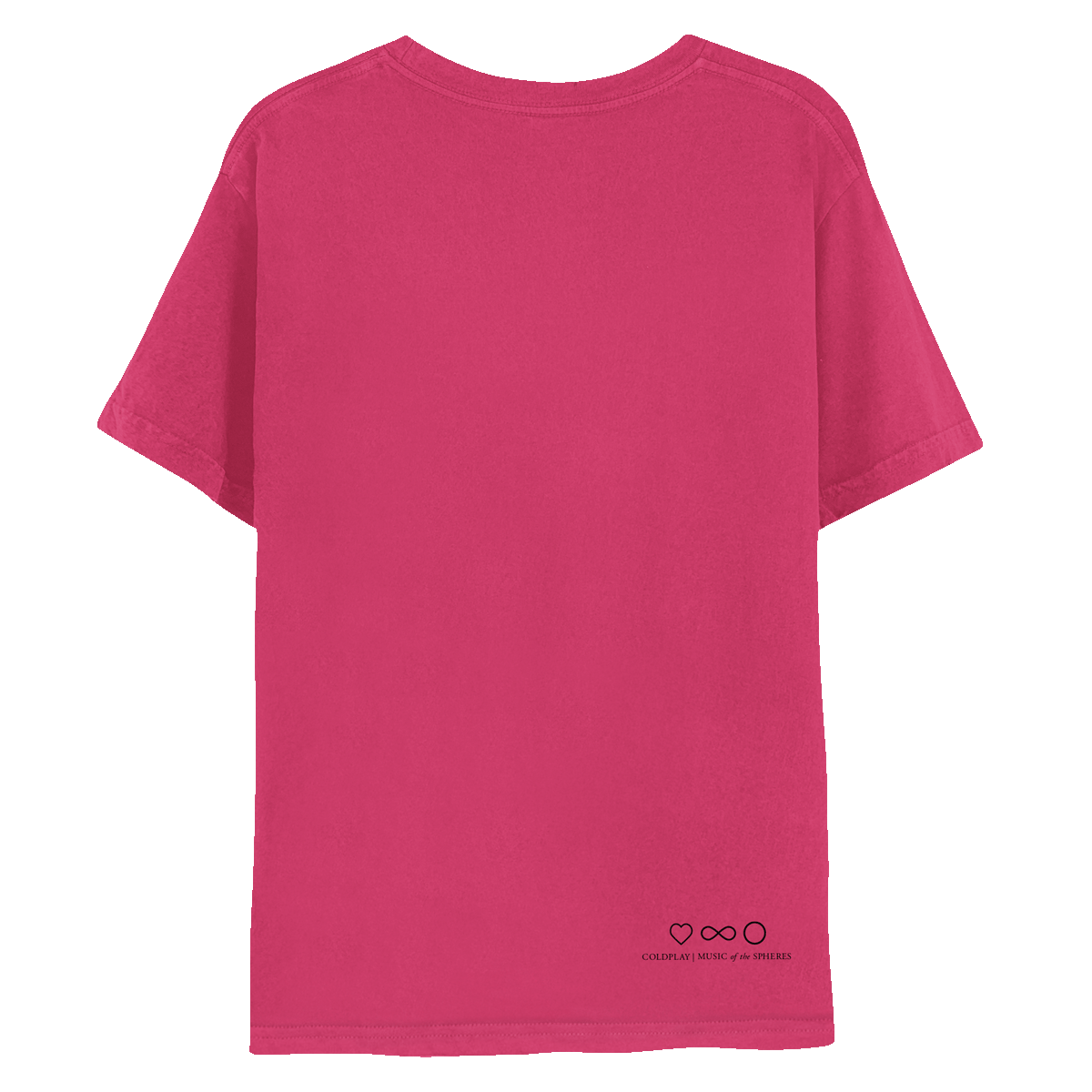 My Universe pink tee, back: COLDPLAY, MUSIC OF THE SPHERES written in black, with black symbols: a heart, an infinity sign and a circle near the bottom right corner.