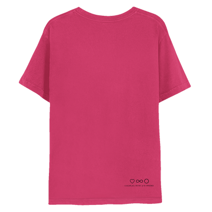 My Universe pink tee, back: COLDPLAY, MUSIC OF THE SPHERES written in black, with black symbols: a heart, an infinity sign and a circle near the bottom right corner.