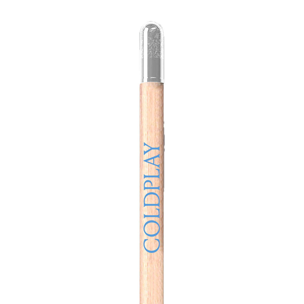 Close up of 1 wooden pencil: COLDPLAY is printed in light blue along its length. It has a natural light brown wood color, and a clear capsule attached to its end, which contains the seeds. These capsules are cylindrical and made of thin biodegradable material that would feel different to the touch compared to the texture of the wood. The attachment is designed to keep the capsule in place until the pencil is used up, and the seeds can be planted.