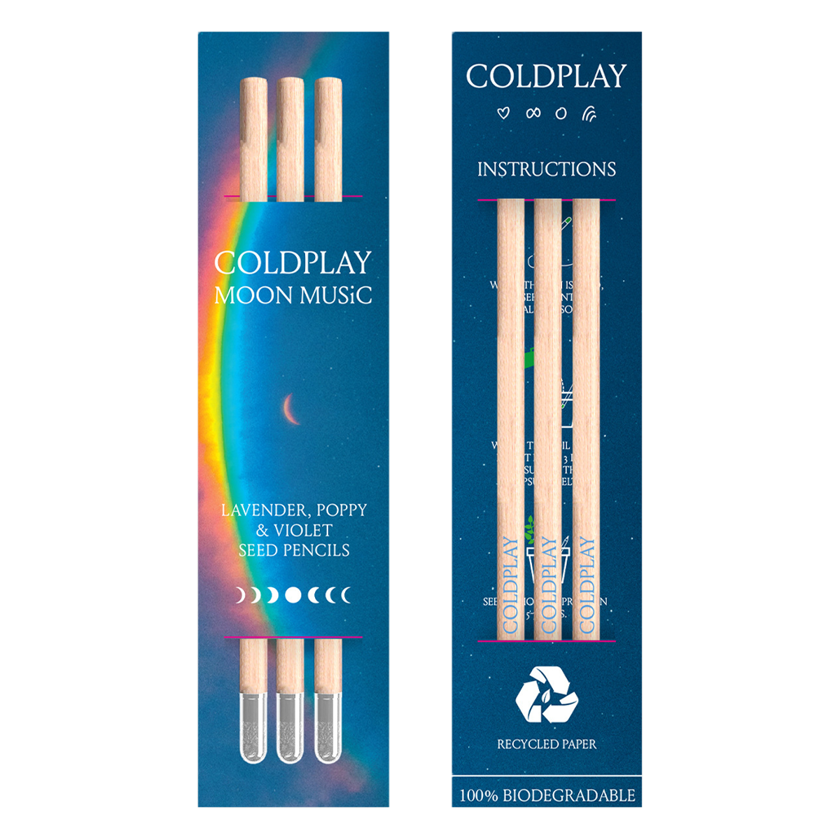 Package view from 2 sides. Front: a??&a large arced rainbow light dispersion to the right. Colors flow from red to orange, yellow, green, light&dark blue, fading into deep blue background. Text reads: COLDPLAY, MOON MUSIC, LAVENDER, POPPY&VIOLET SEED PENCILS. There’s a 7-phase moon cycle from??to??in the center, back to?? The back of the package reads: COLDPLAY, with a ????a circle&Chris’s rainbow doodle. Text, moons&symbols are white. Instructions,??RECYCLED PAPER, 100%BIODEGRADABLE, package has 3 pencils