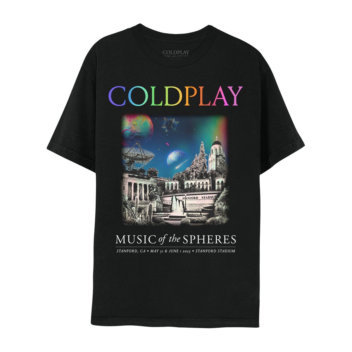 Front: The spheres,??&a rainbow arc on a starry night sky above city landmarks: Stanford University Hoover Tower, with observation deck, dome roof, 48-bell carillon&a concrete ball on top. Tanner??The Dish, a huge radio antenna. El Palo Alto, a redwood sequoia tree. Arizona Garden of cacti&succulents. Rodin’s Thinker sculpture, at Cantor Arts Center: a man sits on a rock, chin on hand. A????circle&??adorn the arches of Stanford Stadium gates. COLDPLAY text in neon colors. MUSIC OF THE SPHERES, dates&venue