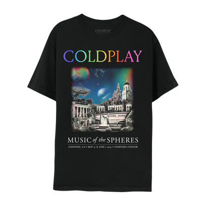 Front: The spheres,??&a rainbow arc on a starry night sky above city landmarks: Stanford University Hoover Tower, with observation deck, dome roof, 48-bell carillon&a concrete ball on top. Tanner??The Dish, a huge radio antenna. El Palo Alto, a redwood sequoia tree. Arizona Garden of cacti&succulents. Rodin’s Thinker sculpture, at Cantor Arts Center: a man sits on a rock, chin on hand. A????circle&??adorn the arches of Stanford Stadium gates. COLDPLAY text in neon colors. MUSIC OF THE SPHERES, dates&venue