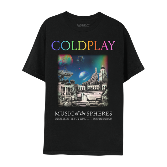 Front: The spheres,??&a rainbow arc on a starry night sky above city landmarks: Stanford University Hoover Tower, with observation deck, dome roof, 48-bell carillon&a concrete ball on top. Tanner??The Dish, a huge radio antenna. El Palo Alto, a redwood sequoia tree. Arizona Garden of cacti&succulents. Rodin’s Thinker sculpture, at Cantor Arts Center: a man sits on a rock, chin on hand. A????circle&??adorn the arches of Stanford Stadium gates. COLDPLAY text in neon colors. MUSIC OF THE SPHERES, dates&venue