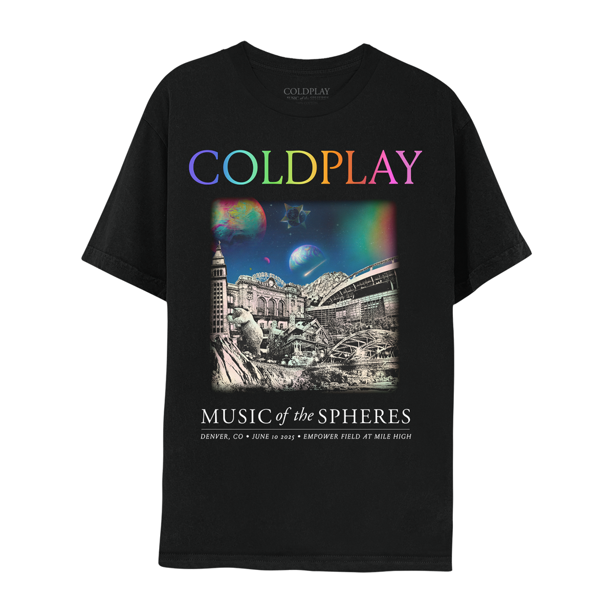 Front: The spheres,??&rainbow arc on a starry night sky above city landmarks: Sculpture of a big blue bear peaking into a Convention Center. Statue of2dancers in step forward. Daniels&Fisher tower with4clock faces&??Confluence Park&bridge, crossing South Platte River&Cherry Creek. Union Station’s shops, restaurants&train tracks. Molly Brown House Museum. Larimer Square&Empower Field at Mile High, with a????circle&??Backdrop is trees&a rocky???COLDPLAY written in neon colors. MUSIC OF THE SPHERES, date&venue