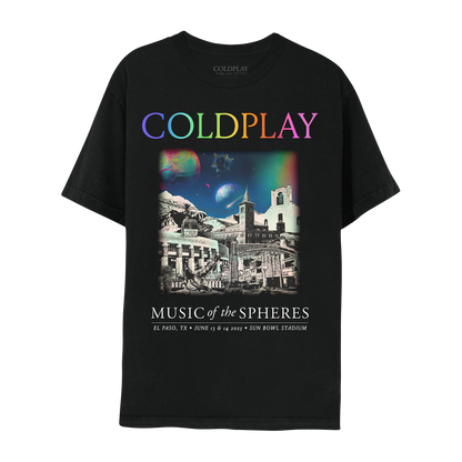 Front:The spheres,??&rainbow arc on a starry night sky above city landmarks: El Paso Street’s open air shops&restaurants. Socorro Mission on Mission Trail, a9mile path linking2of the oldest missions&a presidio chapel. San Jacinto Plaza with alligators statue, signifying original living creatures. Chihuahuan Desert Gardens, Union Depot, Sun Bowl???&Franklin Mountains Park, with plants, a lookout&cable??with gondolas. A????circle&??adorn the??COLDPLAY written in neon colors. MUSIC OF THE SPHERES, dates&venue