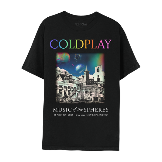 Front:The spheres,??&rainbow arc on a starry night sky above city landmarks: El Paso Street’s open air shops&restaurants. Socorro Mission on Mission Trail, a9mile path linking2of the oldest missions&a presidio chapel. San Jacinto Plaza with alligators statue, signifying original living creatures. Chihuahuan Desert Gardens, Union Depot, Sun Bowl???&Franklin Mountains Park, with plants, a lookout&cable??with gondolas. A????circle&??adorn the??COLDPLAY written in neon colors. MUSIC OF THE SPHERES, dates&venue