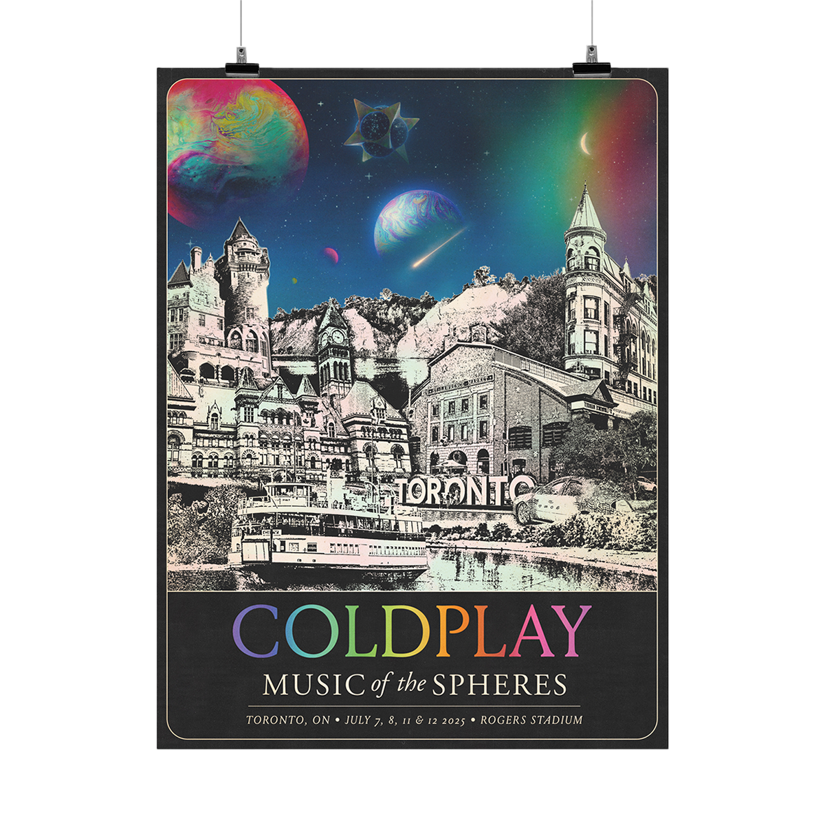 The spheres,??&a rainbow arc on a starry night sky above city landmarks: Gothic Casa Loma Castle&gardens. Old city hall with Roman columns&a clock tower, it has4stone gargoyles&human face carvings. Gooderham??, Scarborough Bluffs parks&beach. Toronto Island??Rogers???St Lawrence&Kensington Markets. A?????&??adorn the garden??a vehicle turned a lush, colorful planter. COLDPLAY written in neon colors. MUSIC OF THE SPHERES, dates&venue