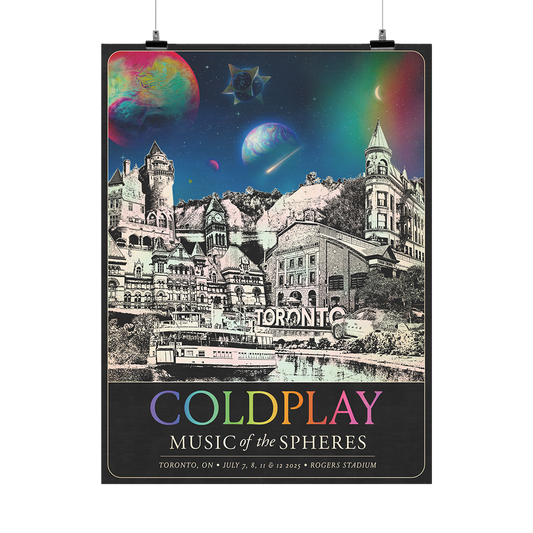 The spheres,??&a rainbow arc on a starry night sky above city landmarks: Gothic Casa Loma Castle&gardens. Old city hall with Roman columns&a clock tower, it has4stone gargoyles&human face carvings. Gooderham??, Scarborough Bluffs parks&beach. Toronto Island??Rogers???St Lawrence&Kensington Markets. A?????&??adorn the garden??a vehicle turned a lush, colorful planter. COLDPLAY written in neon colors. MUSIC OF THE SPHERES, dates&venue