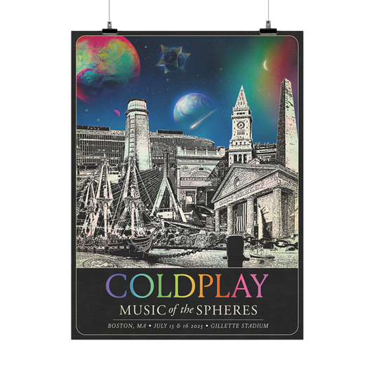 The spheres,??&rainbow arc on a starry night sky above city landmarks: Boston waterfront. Old North??with8bells. Custom House Tower has a clock, balcony, &white marble rotunda under a dome. Orpheum Theatre. USS Constitution?? P. Zakim Memorial Bridge, &Bunker Hill Monument with stairs. Quincy Market made of granite, &Faneuil Hall with a gold grasshopper on top, showing the wind’s direction. A?????&??adorn Gillette???COLDPLAY written in neon colors. MUSIC OF THE SPHERES, dates & venue