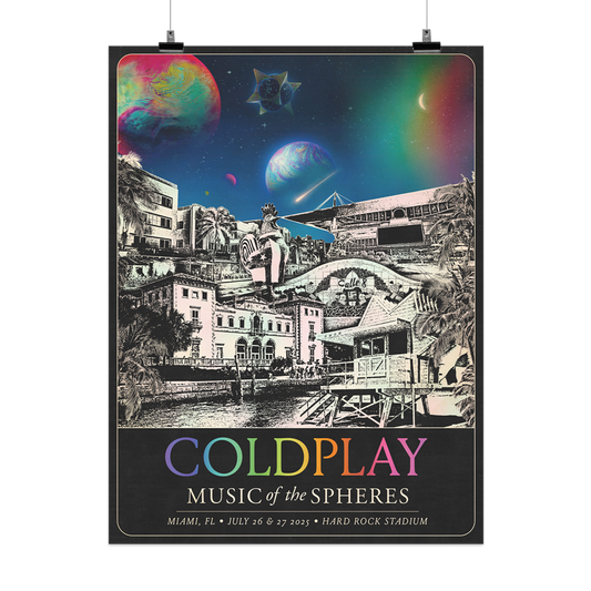 The spheres,??&??on starry night sky above city landmarks: Calle Ocho/Little Havana’s walk of fame&roosters dressed as farmers, carpenters&doctors. Vizcaya Museum&Gardens with swimming pool, orchids, stone??&terrace by the ocean. Ocean Drives hotels&restaurants. Freedom Tower. Cape Florida Lighthouse. Hard Rock???Miami Beach of white sand&turquoise water. A?????&??adorn a lifeguard hut. COLDPLAY written in neon tones. MUSIC OF THE SPHERES, dates&venue