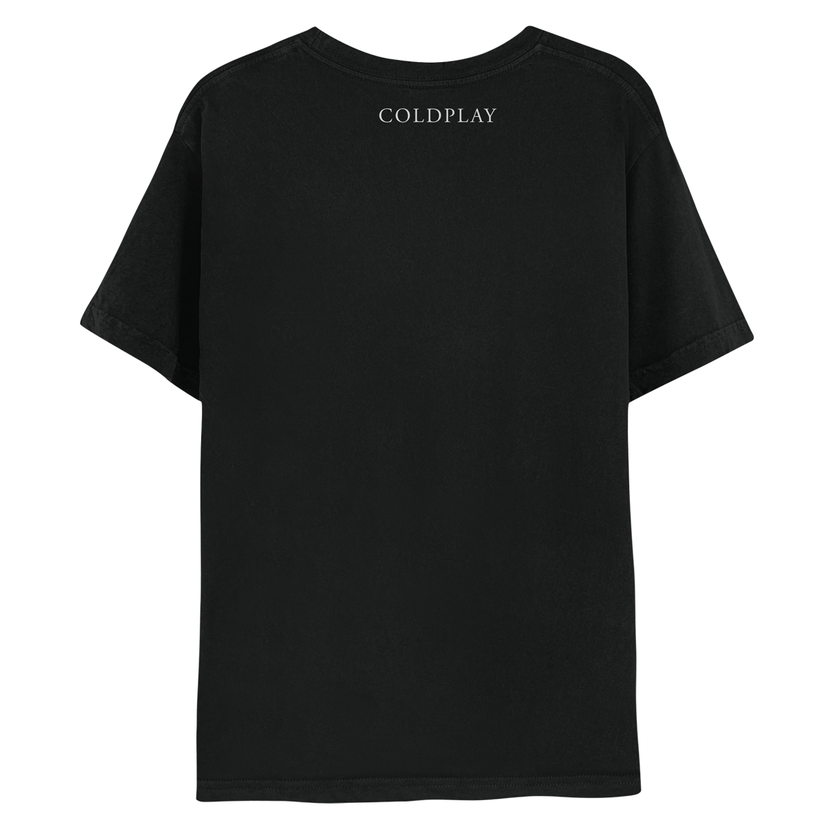 2: Back: The shirt is black. COLDPLAY is printed in white, just below the neckline. MUSIC OF THE SPHERES is written on the right sleeve. The band name is in a classic, elegant font, with small decorative lines or strokes at the ends of the letters