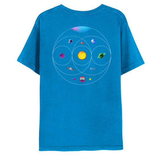 Back: 11planetsSitInsideEccentricCircles whichOverlapLike aVennDiagram: pink, blue, green&purple nebula. Green planet of flowers, turquoise rivers&foliage??golden star-like sphere, with solar flares&Orange lava. Planet of dark blue, magenta&white ocean waves. Blue circuit board planet in shinySilver cube. One of purple&indigo swirls. One as a purple, blue&green??Blue&purple planet. Pink sphere with orange crater&green moon. Blue opal with??&pink, blue, purple&green planet with pink&yellow neon moons