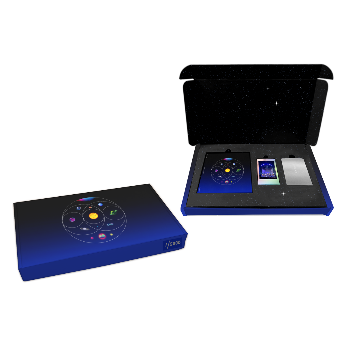 1: StarryGiftBox&??CoverFades fromBlack toBlue: 11planets groupedInCircles: pink, blue, green&purpleNebula. GreenPlanet ofFlowers, blueRivers&foliage??goldenSphere of solarFlares&OrangeLava. Planet of darkBlue, magenta&white oceanWaves. BluePlanet inSilverCube.1of purple&indigoSwirls.1as aPurple, blue&green??Blue&purplePlanet. PinkSphere withOrangeCrater&greenMoon. BlueOpal with??&pink, blue, purple&greenPlanet withPink&yellowNeonMoons. Photo of litStage&silverCard with spiral,????triangleCrossed by line,&?