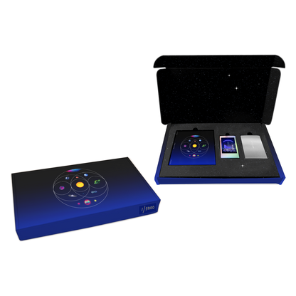 1: StarryGiftBox&??CoverFades fromBlack toBlue: 11planets groupedInCircles: pink, blue, green&purpleNebula. GreenPlanet ofFlowers, blueRivers&foliage??goldenSphere of solarFlares&OrangeLava. Planet of darkBlue, magenta&white oceanWaves. BluePlanet inSilverCube.1of purple&indigoSwirls.1as aPurple, blue&green??Blue&purplePlanet. PinkSphere withOrangeCrater&greenMoon. BlueOpal with??&pink, blue, purple&greenPlanet withPink&yellowNeonMoons. Photo of litStage&silverCard with spiral,????triangleCrossed by line,&?