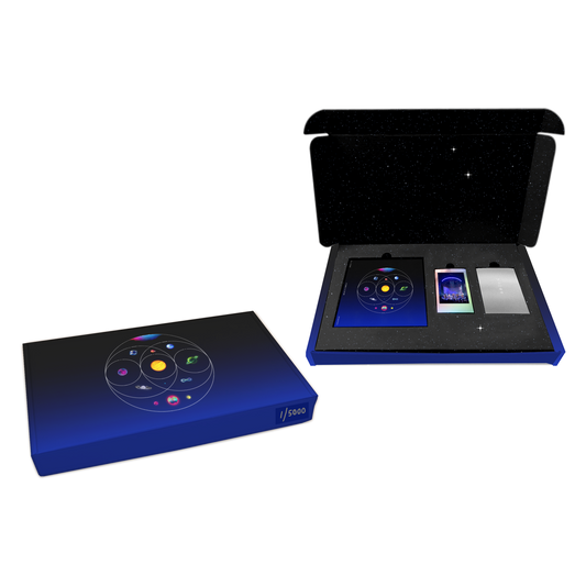 1: StarryGiftBox&??CoverFades fromBlack toBlue: 11planets groupedInCircles: pink, blue, green&purpleNebula. GreenPlanet ofFlowers, blueRivers&foliage??goldenSphere of solarFlares&OrangeLava. Planet of darkBlue, magenta&white oceanWaves. BluePlanet inSilverCube.1of purple&indigoSwirls.1as aPurple, blue&green??Blue&purplePlanet. PinkSphere withOrangeCrater&greenMoon. BlueOpal with??&pink, blue, purple&greenPlanet withPink&yellowNeonMoons. Photo of litStage&silverCard with spiral,????triangleCrossed by line,&?