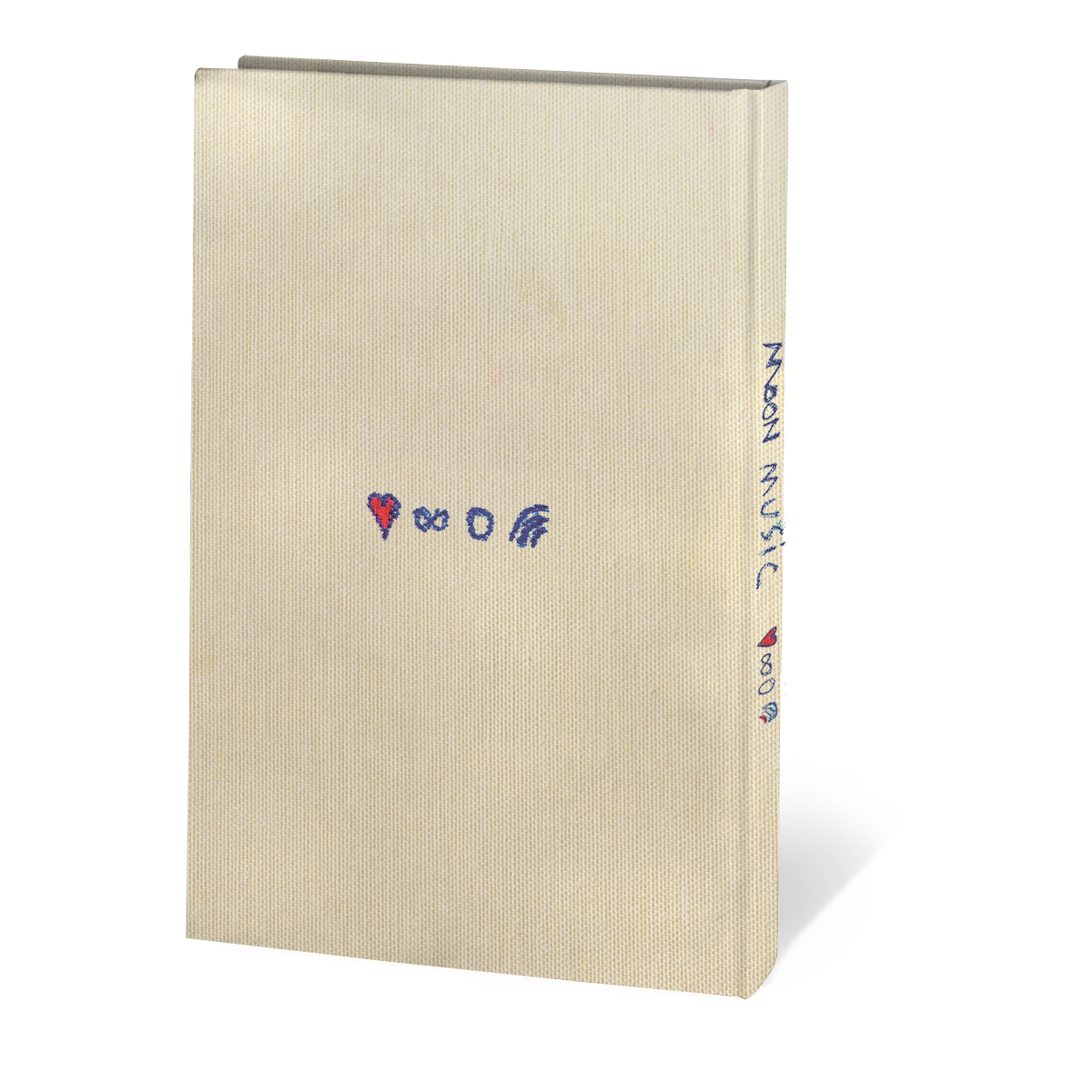 Notebook back cover: features the hand-drawn red heart, infinity sign, circle and Chris’s rainbow doodle. These 3 are blue. The heart is outlined in blue, but filled with red. The spine has MOON MUSIC written vertically in blue, and the 4 matching symbols below the title. The hardcover of the notebook has a cream background and is textured. To the touch it would feel as if there was fine grain on it, or tiny dots that give it a slight roughness, as opposed to it being completely smooth