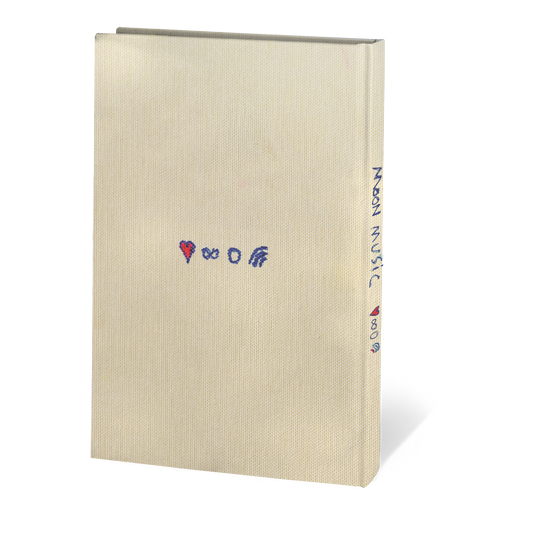 Notebook back cover: features the hand-drawn red heart, infinity sign, circle and Chris’s rainbow doodle. These 3 are blue. The heart is outlined in blue, but filled with red. The spine has MOON MUSIC written vertically in blue, and the 4 matching symbols below the title. The hardcover of the notebook has a cream background and is textured. To the touch it would feel as if there was fine grain on it, or tiny dots that give it a slight roughness, as opposed to it being completely smooth