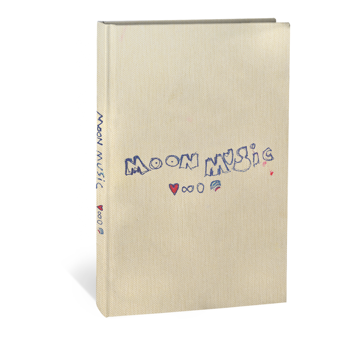 Textured beige hardcover notebook that gives it an elegant appearance. On the front, the title "MOON MUSIC" is hand-drawn. The letters are outlined in deep blue. Each character has a slightly irregular shape, adding a playful&artistic touch. Below the title is a red heart, outlined in blue, an infinity sign, a circle&Chris’s rainbow doodle. These 3 symbols are blue. On the spine, MOON MUSIC" is hand-written vertically, with matching symbols from the cover, mirrored below the title.