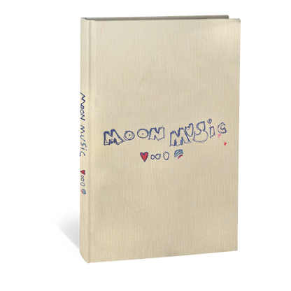 Textured beige hardcover notebook that gives it an elegant appearance. On the front, the title "MOON MUSIC" is hand-drawn. The letters are outlined in deep blue. Each character has a slightly irregular shape, adding a playful&artistic touch. Below the title is a red heart, outlined in blue, an infinity sign, a circle&Chris’s rainbow doodle. These 3 symbols are blue. On the spine, MOON MUSIC" is hand-written vertically, with matching symbols from the cover, mirrored below the title.