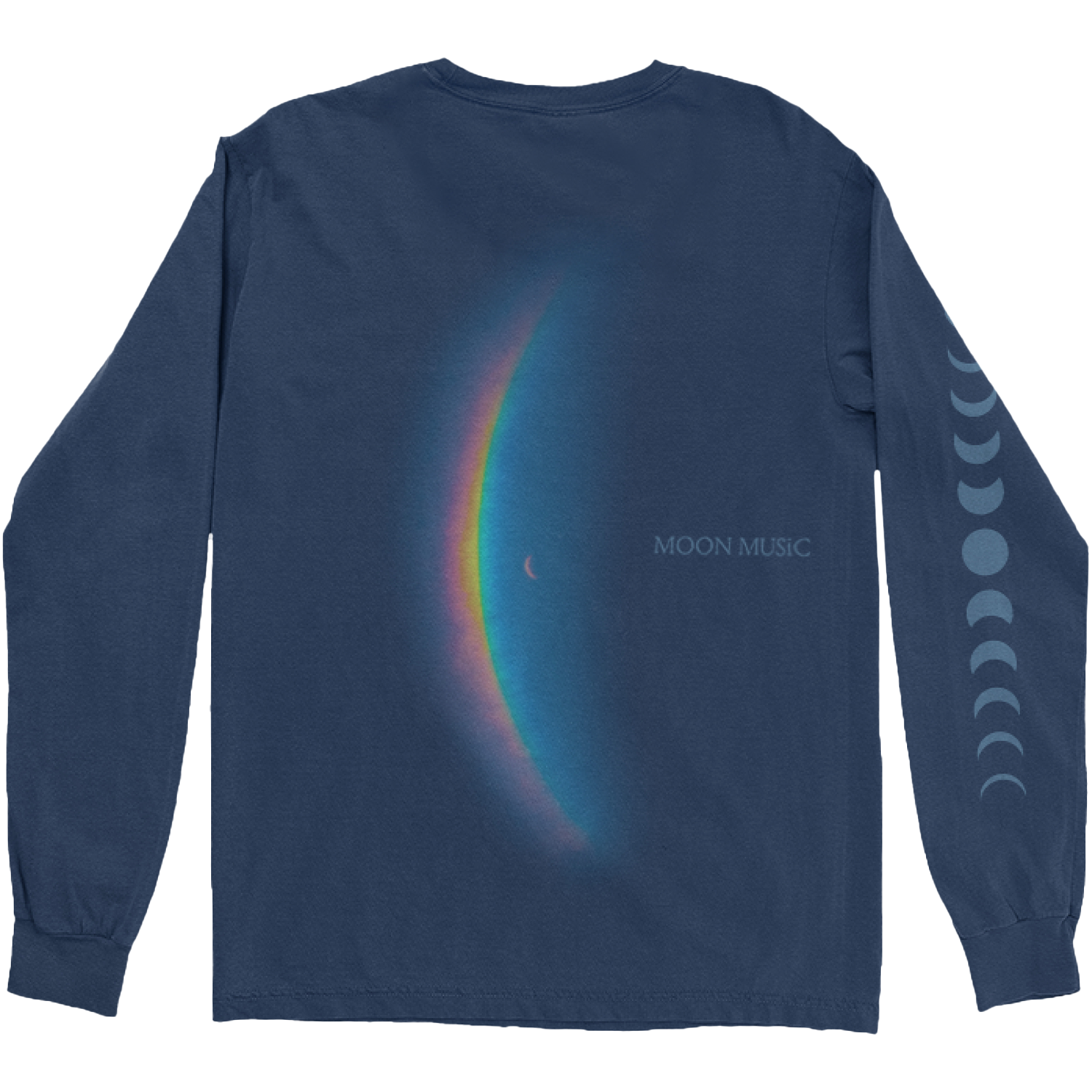 Back: features the album artwork crescent moon to the right of a large, arced rainbow prism. The prism colors flow from red to orange, yellow, green, light and dark blue. Next to it, MOON MUSIC is printed in light blue in a serif-style.