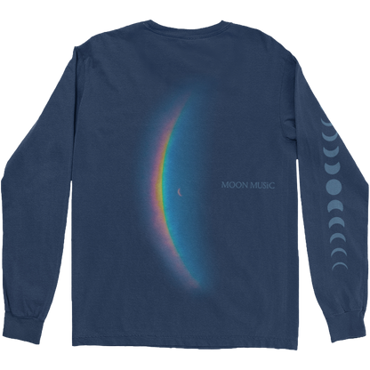 Back: features the album artwork crescent moon to the right of a large, arced rainbow prism. The prism colors flow from red to orange, yellow, green, light and dark blue. Next to it, MOON MUSIC is printed in light blue in a serif-style.