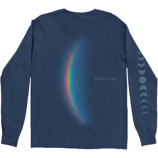Back: features the album artwork crescent moon to the right of a large, arced rainbow prism. The prism colors flow from red to orange, yellow, green, light and dark blue. Next to it, MOON MUSIC is printed in light blue in a serif-style.