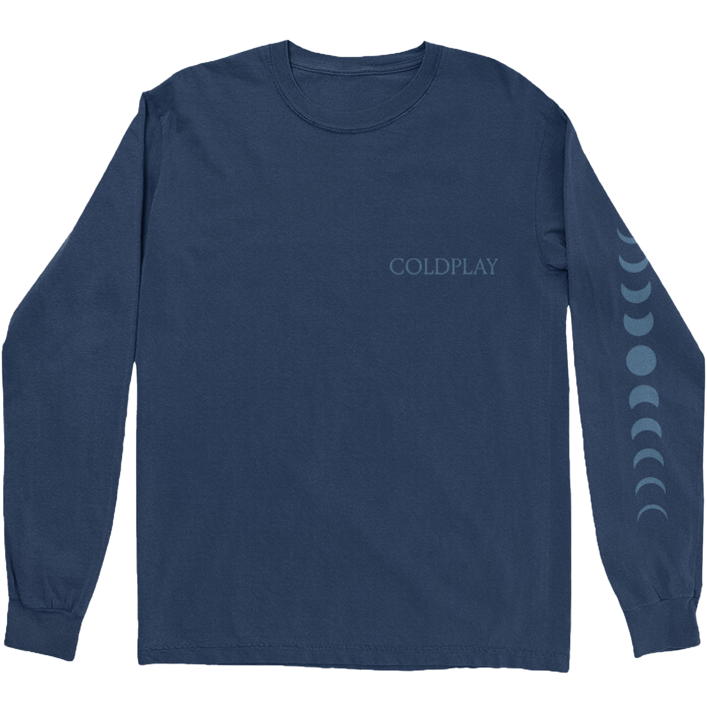 Front: COLDPLAY is printed on the chest, in light blue in a serif-style. On the left sleeve, an 11-phase moon cycle is arranged vertically, from waxing crescent to full moon, back to waning crescent. The full moon is in the center. The shirt is blue.