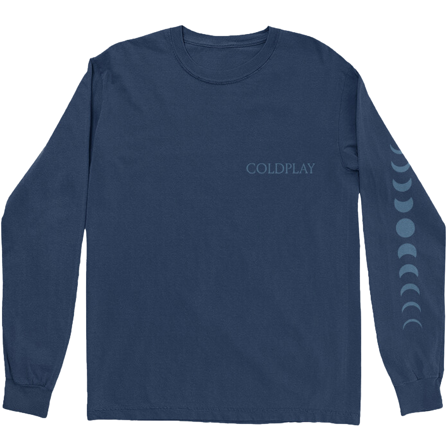 Front: COLDPLAY is printed on the chest, in light blue in a serif-style. On the left sleeve, an 11-phase moon cycle is arranged vertically, from waxing crescent to full moon, back to waning crescent. The full moon is in the center. The shirt is blue.
