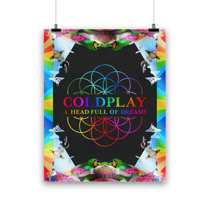 Image 1:
The poster features the flowerOfLife in the center, with intertwined circles as blue, green, yellow, orange, pink&purple petals; the band appear as kids: Phil sits on a white fluffy??Chris sits on the moon, Jonny hangs from Saturn’s rings, Will jumps into a swimming pool, and Guy holds his baby brother. Mirrored mountains grace the edges. There are planets, astronauts, rainbow stripes,& a toucan with a bright yellow chest, black head&beak, and an orange face. The illustrations form a kaleidoscope
