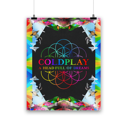 Image 1:
The poster features the flowerOfLife in the center, with intertwined circles as blue, green, yellow, orange, pink&purple petals; the band appear as kids: Phil sits on a white fluffy??Chris sits on the moon, Jonny hangs from Saturn’s rings, Will jumps into a swimming pool, and Guy holds his baby brother. Mirrored mountains grace the edges. There are planets, astronauts, rainbow stripes,& a toucan with a bright yellow chest, black head&beak, and an orange face. The illustrations form a kaleidoscope
