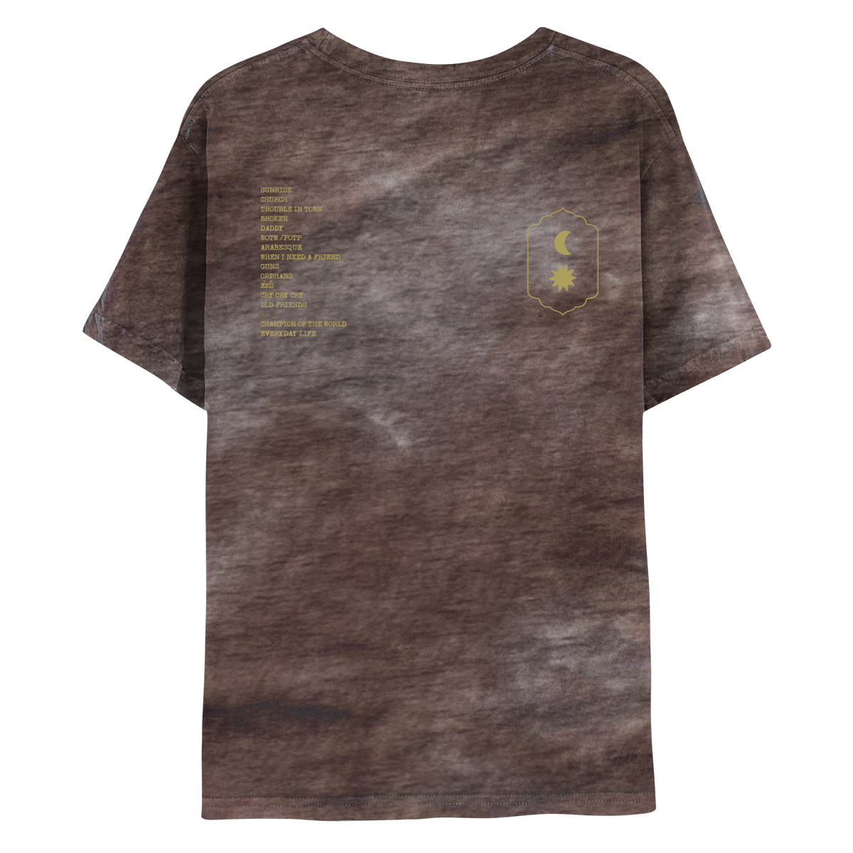 Back: Features the album track list on the left, and the moon and the sun on the right. Both the text and the symbols are golden. The songs are Sunrise, Church, Trouble in Town, BrokEn, Daddy, WOTW/POTP, Arabesque, When I Need a Friend, Guns, Orphans, Èkó, Cry Cry Cry, Old Friends, Bani Adam, Champion of the World, and Everyday Life