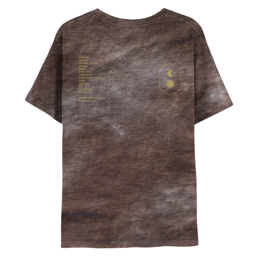 Back: Features the album track list on the left, and the moon and the sun on the right. Both the text and the symbols are golden. The songs are Sunrise, Church, Trouble in Town, BrokEn, Daddy, WOTW/POTP, Arabesque, When I Need a Friend, Guns, Orphans, Èkó, Cry Cry Cry, Old Friends, Bani Adam, Champion of the World, and Everyday Life