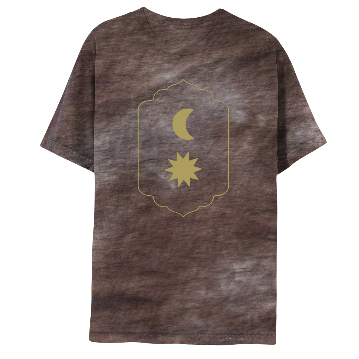 Front: Shows aGoldenCrescentMoon on top, above aGoldenStarWithSharp, elongatedPoints radiatingOutwards, like a??The celestial bodies are in a roundedRectangle, with aPointyTop&bottom, sides slightly curved inward. The border is aFlowingShape, with slightPeaks, like a medieval shieldDecor. TheShirtIs brown tie-dye, aTechniqueWhereFabricIsDyed withSmoothColorTransitions thatCreateIrregular, uniqueBrownPatterns scatteredThroughout. SomePatchesAreChocolate, lightBrown, beige, grey, whitish, orBlackish