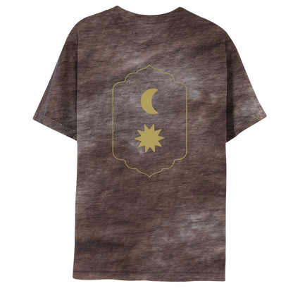 Front: Shows aGoldenCrescentMoon on top, above aGoldenStarWithSharp, elongatedPoints radiatingOutwards, like a??The celestial bodies are in a roundedRectangle, with aPointyTop&bottom, sides slightly curved inward. The border is aFlowingShape, with slightPeaks, like a medieval shieldDecor. TheShirtIs brown tie-dye, aTechniqueWhereFabricIsDyed withSmoothColorTransitions thatCreateIrregular, uniqueBrownPatterns scatteredThroughout. SomePatchesAreChocolate, lightBrown, beige, grey, whitish, orBlackish
