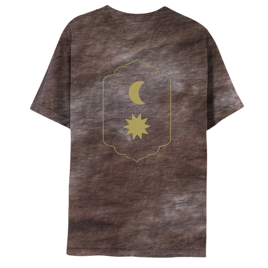 Front: Shows aGoldenCrescentMoon on top, above aGoldenStarWithSharp, elongatedPoints radiatingOutwards, like a??The celestial bodies are in a roundedRectangle, with aPointyTop&bottom, sides slightly curved inward. The border is aFlowingShape, with slightPeaks, like a medieval shieldDecor. TheShirtIs brown tie-dye, aTechniqueWhereFabricIsDyed withSmoothColorTransitions thatCreateIrregular, uniqueBrownPatterns scatteredThroughout. SomePatchesAreChocolate, lightBrown, beige, grey, whitish, orBlackish